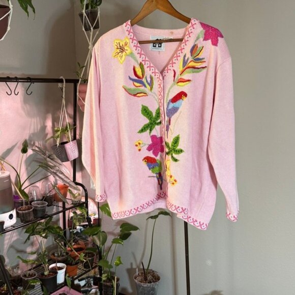 Storybook Knits Sweaters - Embroidered Floral Parrot‎ Cardigan Pink Button Up Sweater Quirky Women